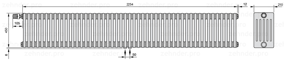 Схема (чертеж) Радиатор Zehnder Charleston 6045/49 №V007 Белый глянцевый RAL 9016